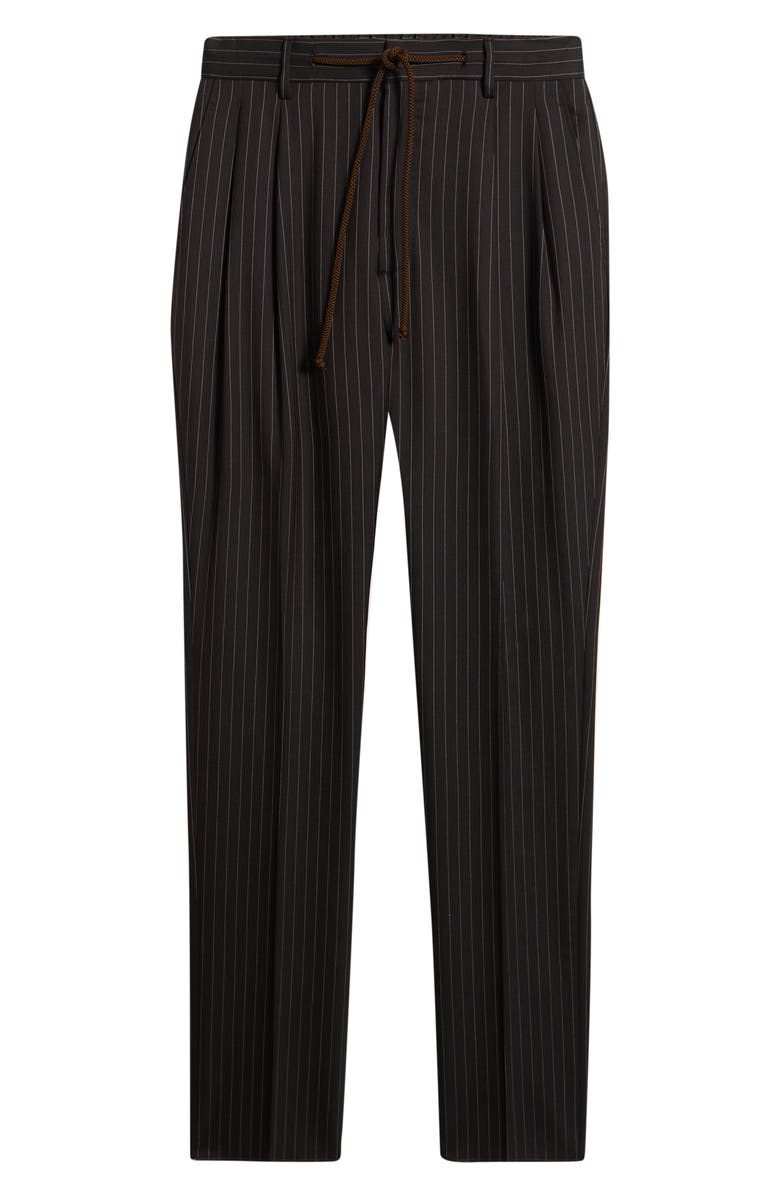 Zanella Nova Black Pinstripe Pleated Wool & Cotton Drawstring Dress Pants, Alternate, color, Espresso