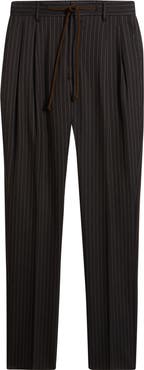 Zanella Nova Black Pinstripe Pleated Wool & Cotton Drawstring Dress Pants