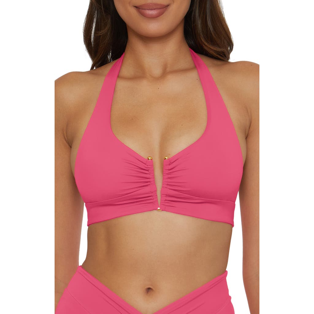 Becca Shirred V-wire Halter Bikini Top In Pink Agate