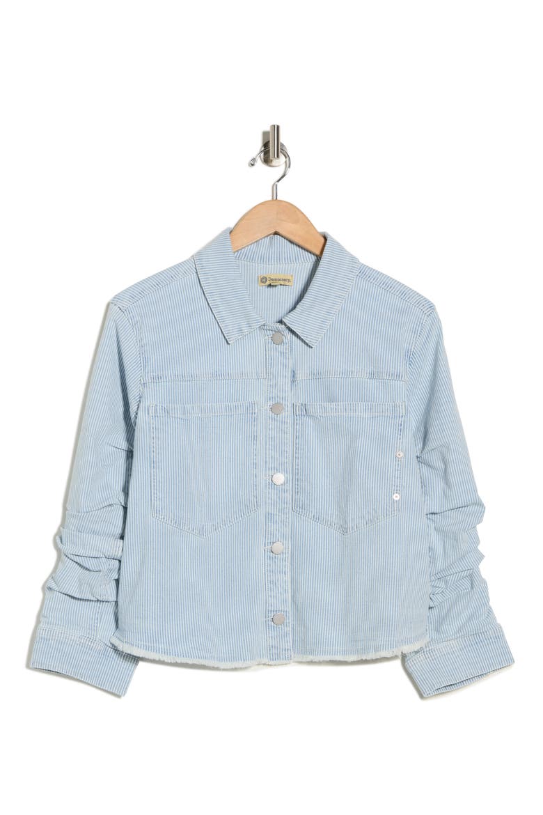Stripe Ruched Sleeve Denim Jacket, Alternate, color, POWDER BLUE