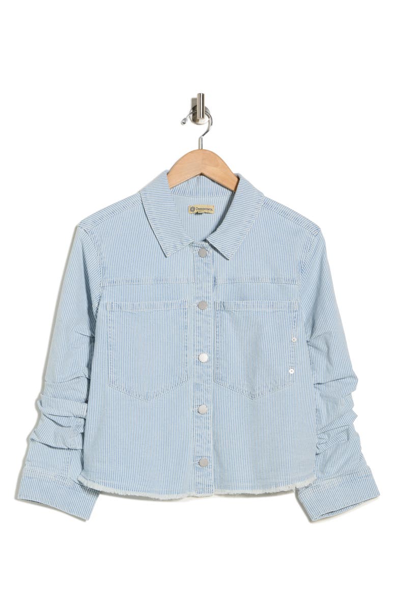 Democracy Stripe Ruched Sleeve Denim Jacket, Alternate, color, Powder Blue
