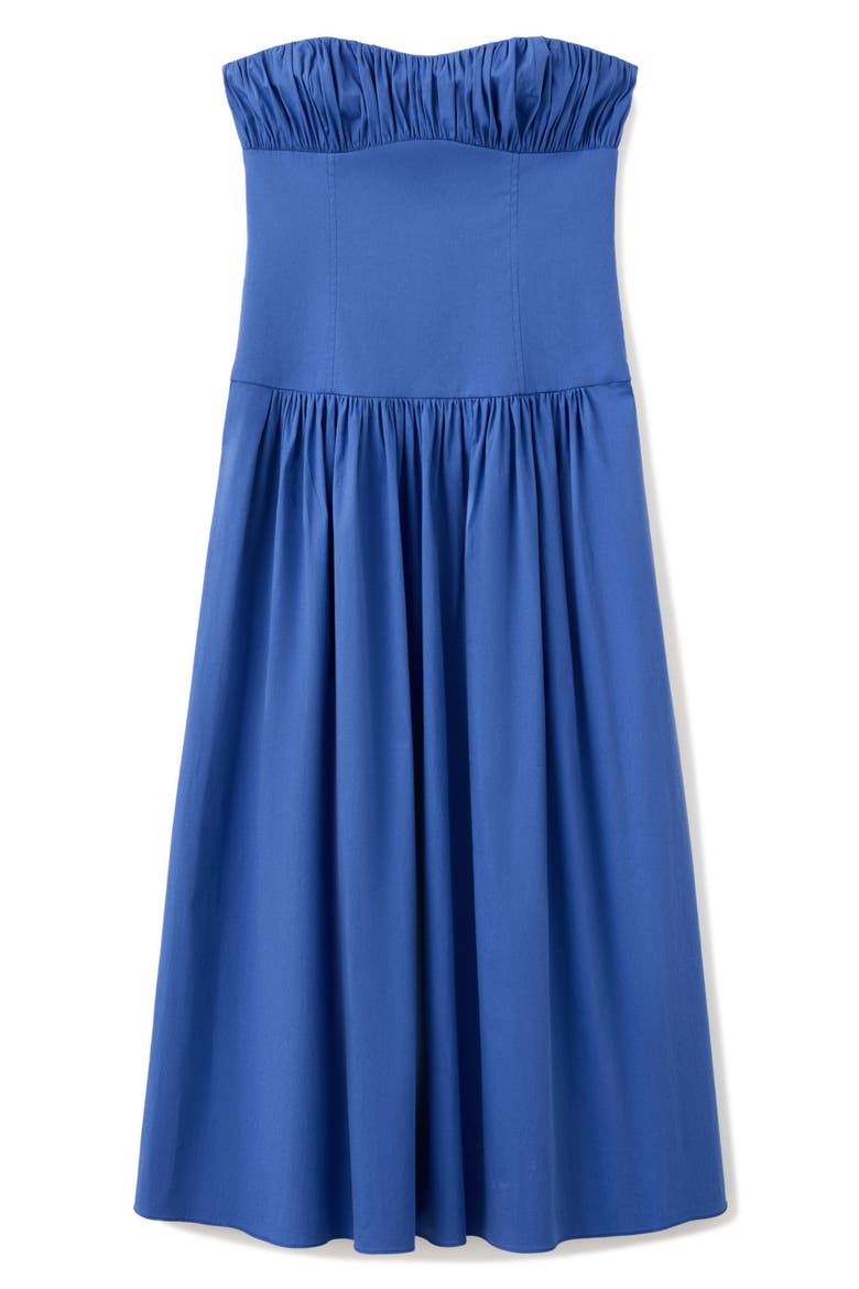 Starring Hailey Bieber Ruched Bodice Strapless Cotton Blend Dress, Main, color, BLUE