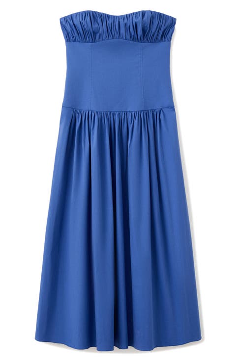 Featuring Hailey Bieber Ruched Bodice Strapless Cotton Blend Dress