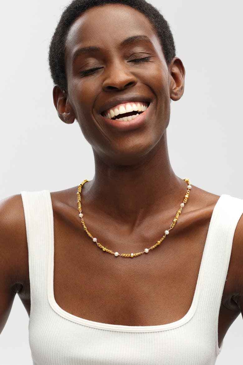 Hexagon Bead Necklace With Freshwater Pearls, Alternate, color, Gold
