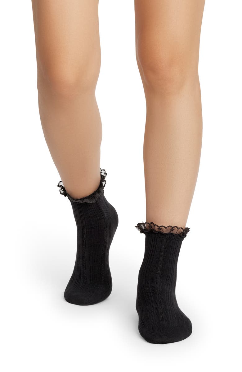 Bombas Lace Trim Cushioned Cotton Blend Rib Quarter Socks, Alternate, color, Black
