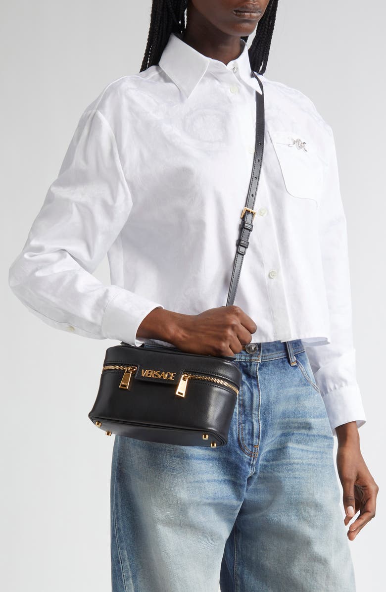 Versace Logo Tag Leather Vanity Bag, Alternate, color,