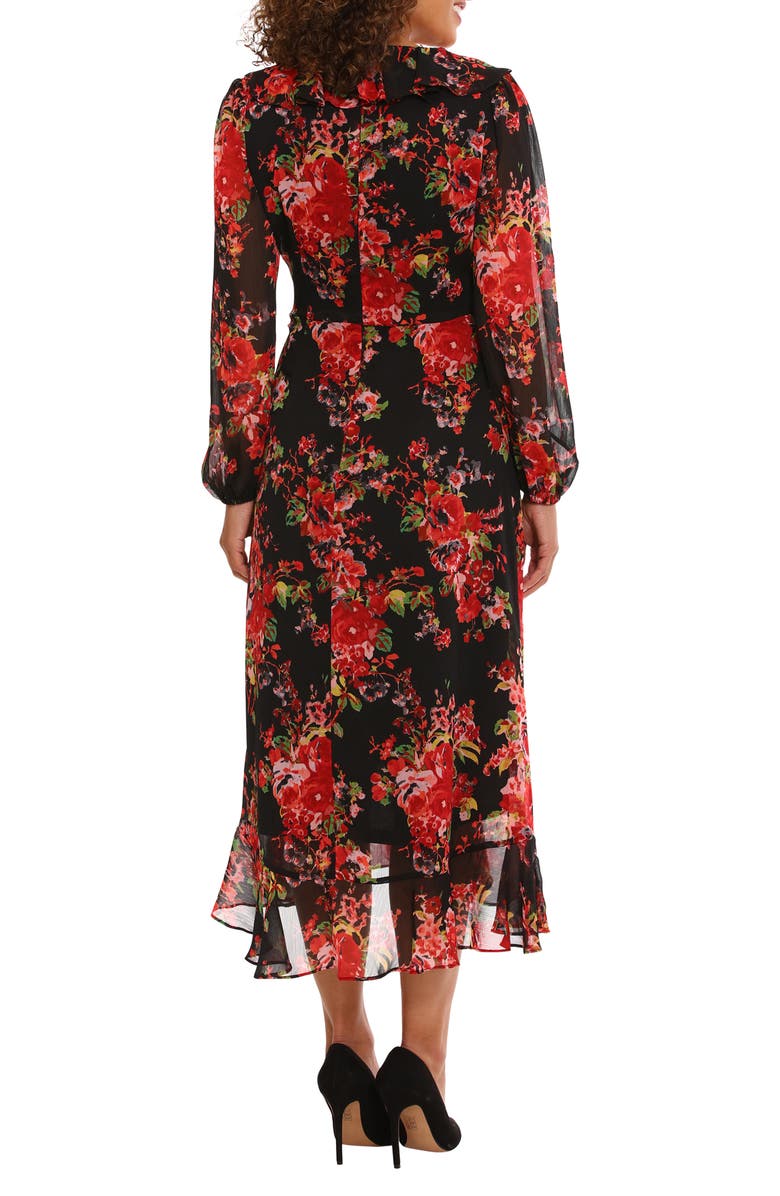 Maggy London Floral Long Sleeve Tiered Faux Wrap Midi Dress, Alternate, color, Black/ Red