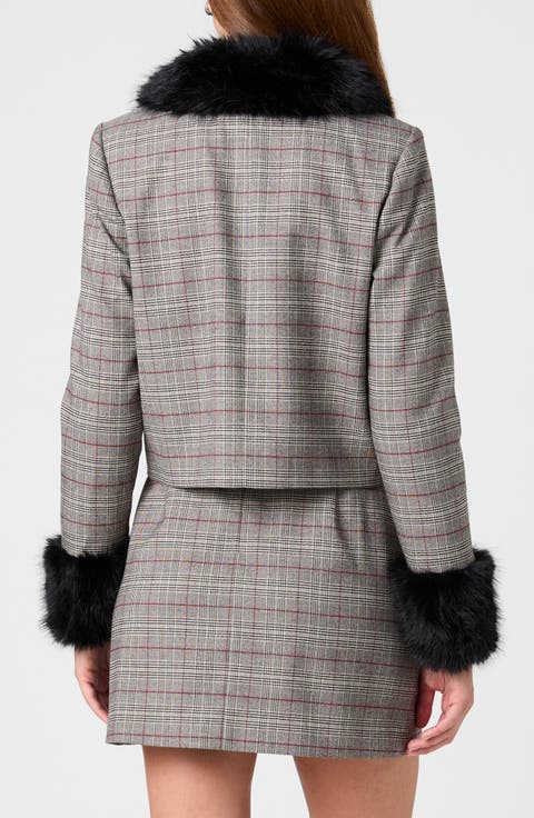 Leonie Tartan Plaid Faux Fur Trim Jacket