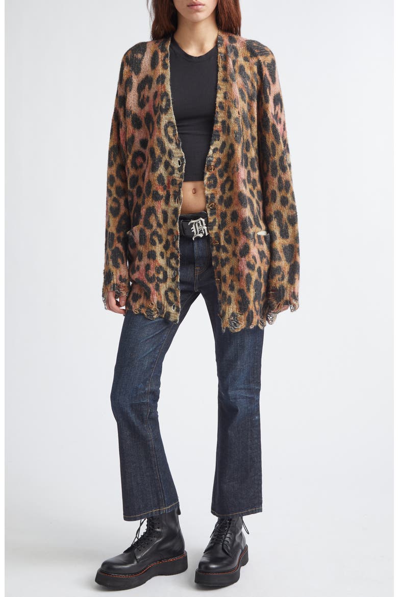 Oversize Distressed Leopard Print Cashmere Cardigan, Alternate, color, LIGHT BROWN PINK LEOPARD