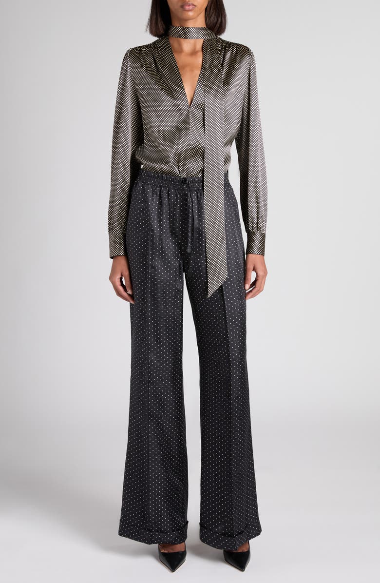 TOM FORD Polka Dot Stretch Silk Lavalliere Button-Up Shirt, Alternate, color, Zblaw Black/ White