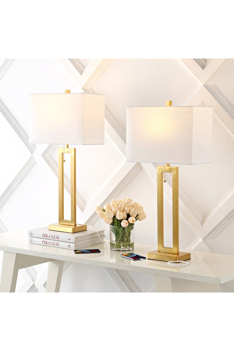Sabrina Vintage Industrial Iron LED Table Lamp with Pull-Chain and USB Charging Port, Alternate, color, Brass Gold