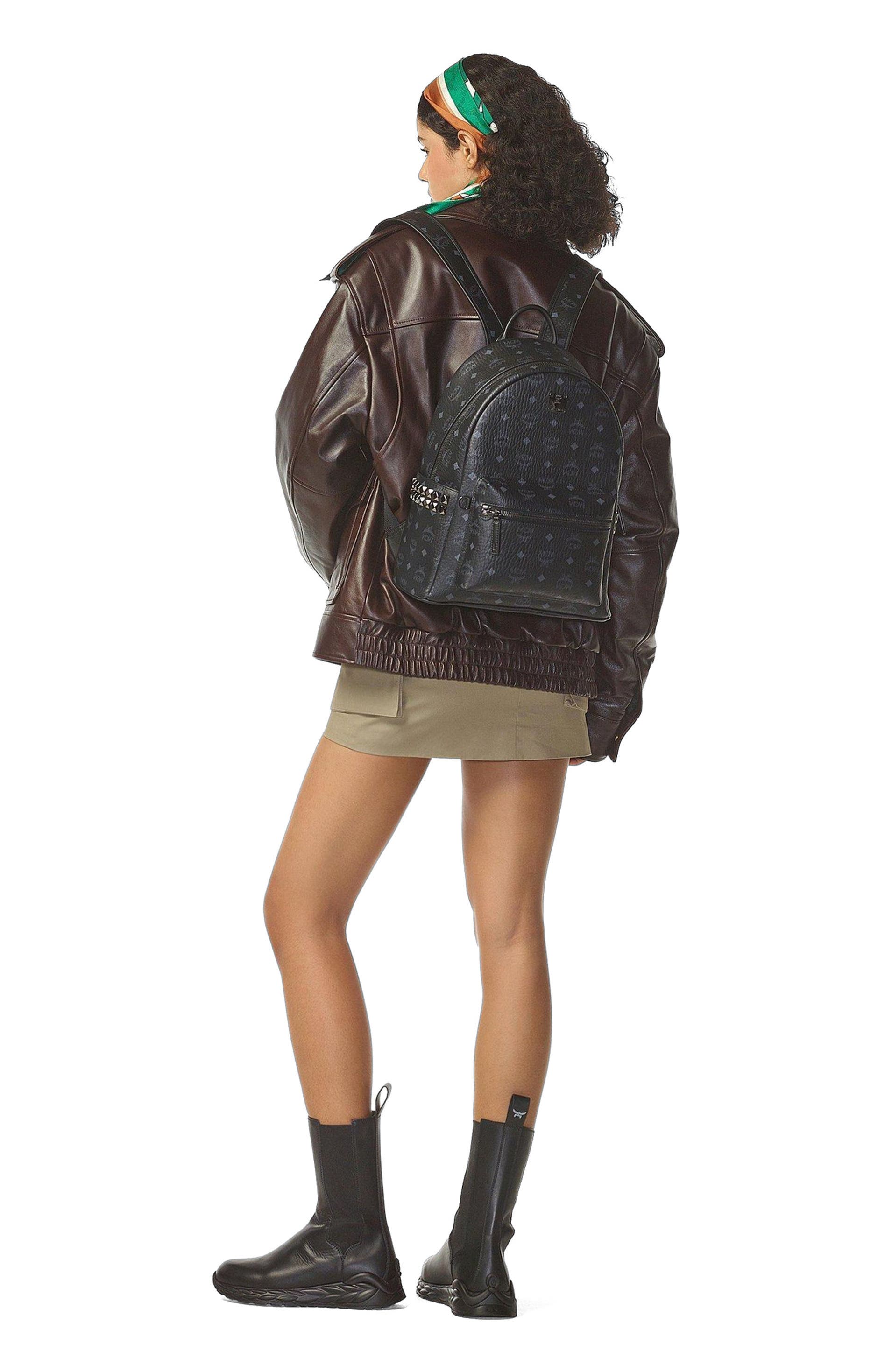 MCM Small Stark Side Studs Backpack in Visetos, Alternate, color, Black