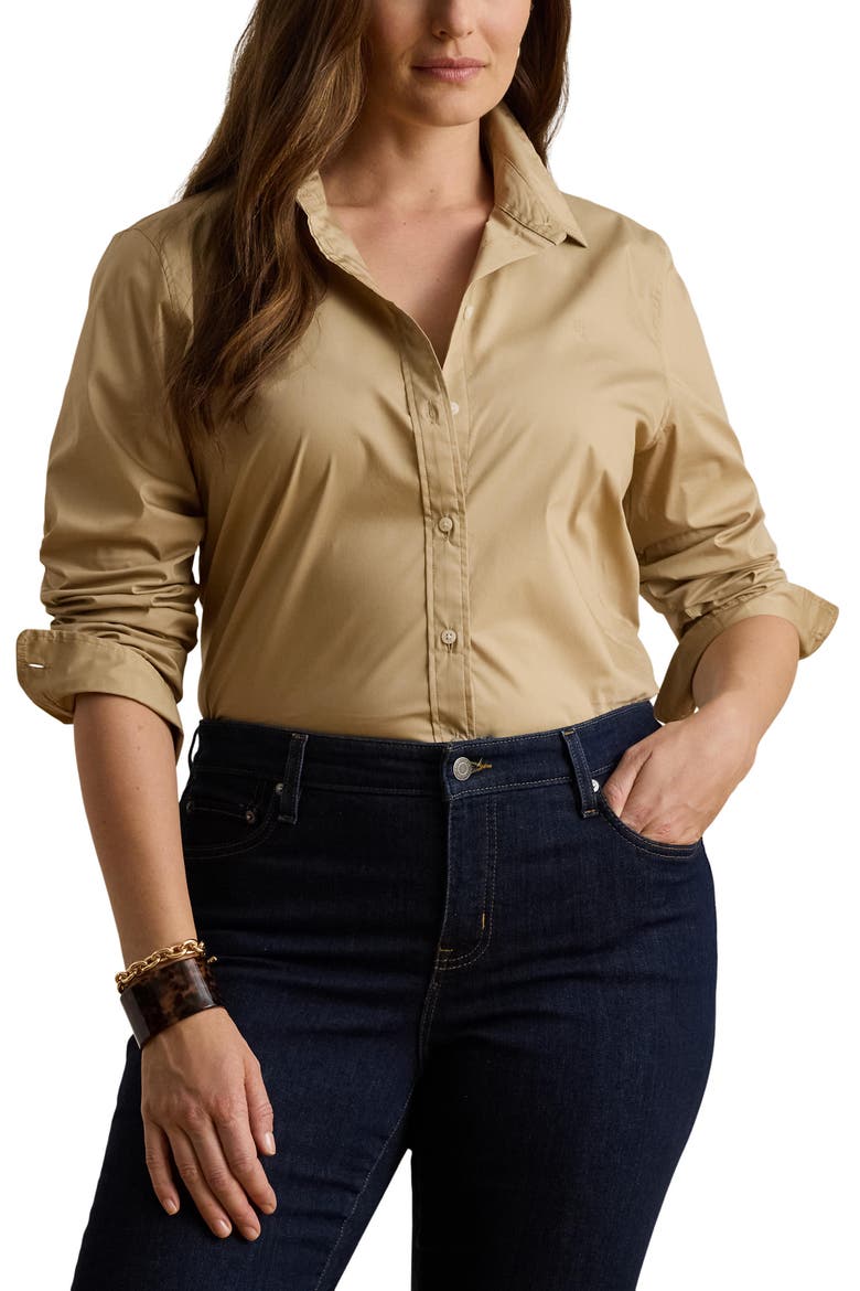 Silky Stretch Cotton Blend Button-Up Shirt, Alternate, color, BIRCH BEIGE