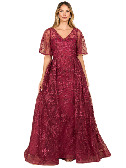 Overskirt Lace Fitted V-Neck Gown with Cape Sleeves
