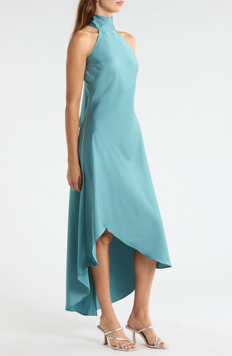 CeCe Tie Back Sleeveless High/Low Satin Gown, Alternate, color, Peacock Teal