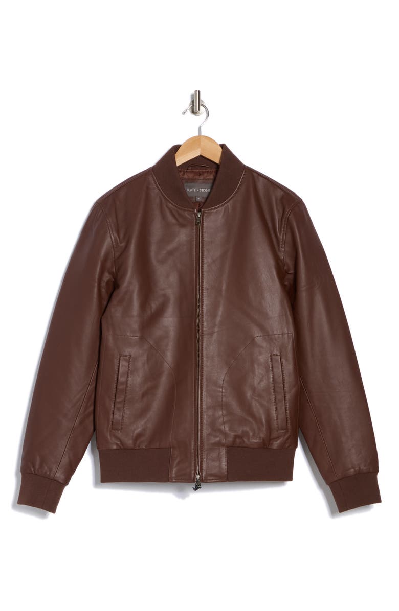 Slate & Stone Padded Leather Bomber Jacket, Alternate, color, Cognac Brown
