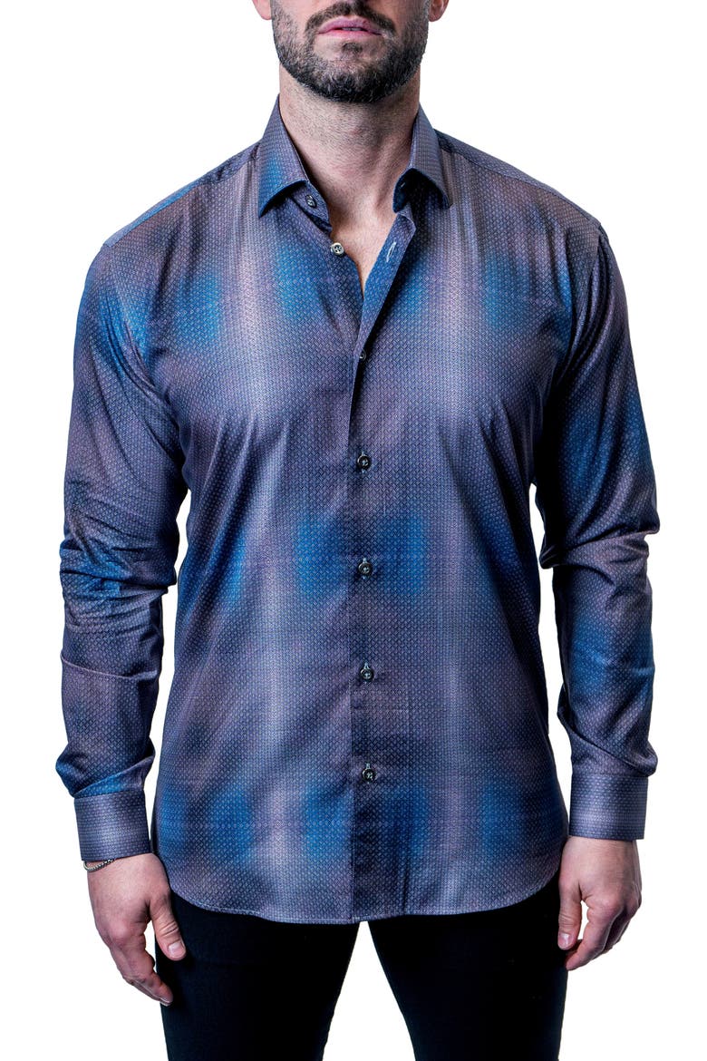 Fibonacci Shiny Chrome Multi Button-Up Shirt, Alternate, color, BLUE MULTI