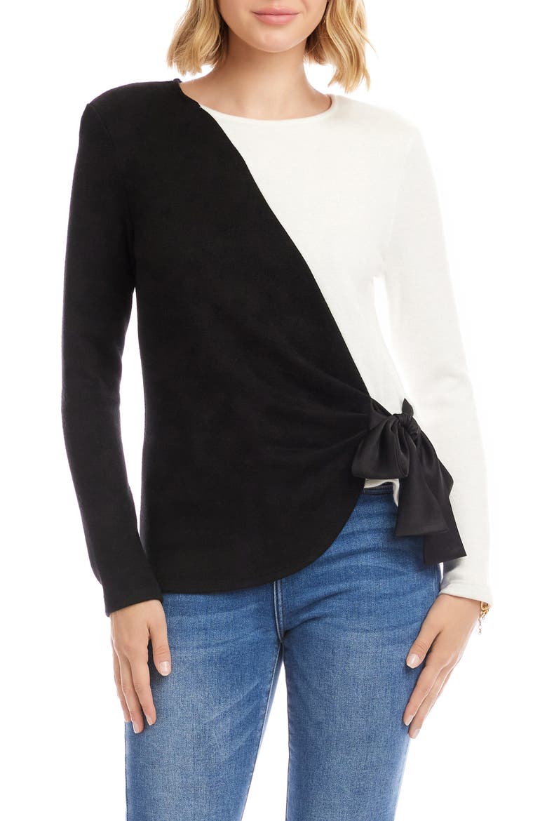 Colorblock Satin Bow Crossover Hem Knit Top, Main, color, BLACK/ IVORY