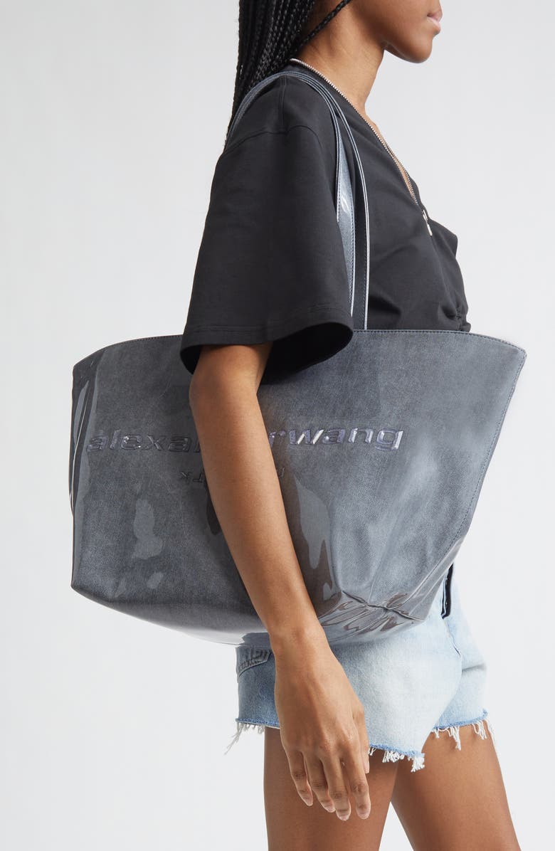 Alexander Wang Punch Lacquered Denim Tote Bag, Alternate, color, Navy