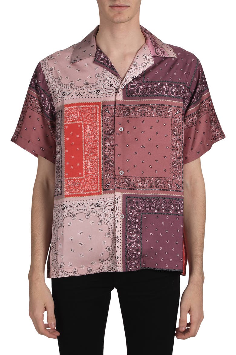 Bandana Patchwork Silk Shirt, Main, color, CORAL