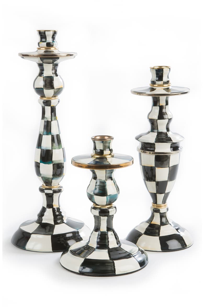 Courtly Check Large Enameled Steel Candleholder, Main, color, BLACK/ WHITE