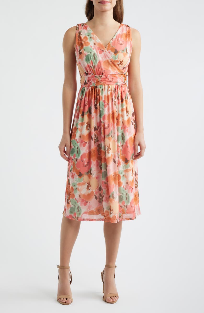 Loveappella Floral Print Swing Dress, Main, color, Coral