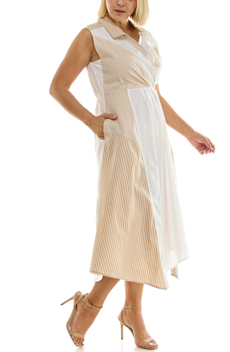 Nicole Miller Stripe Pleated Asymmetric Maxi Dress, Alternate, color, Mocha White Stripe