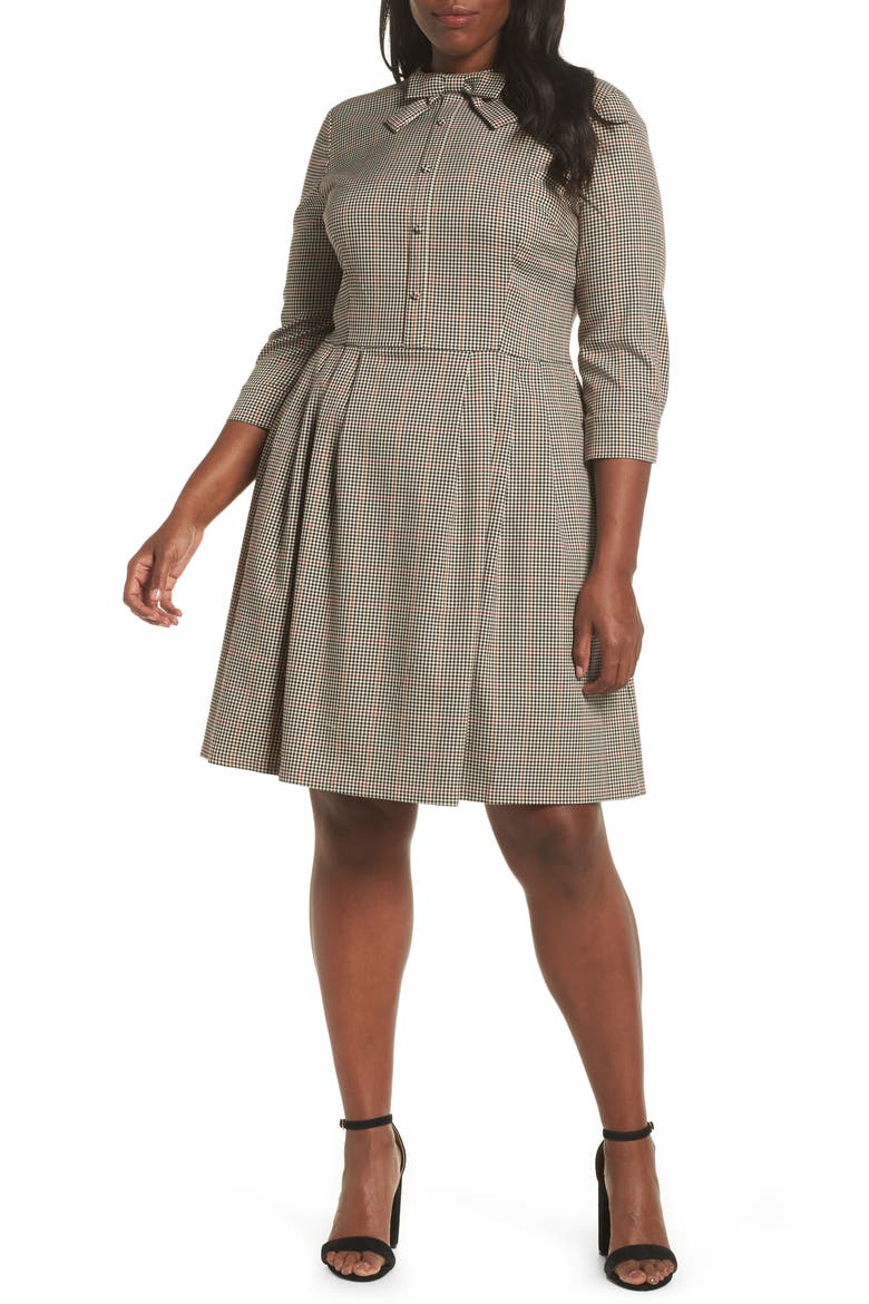 Blanche Check Bow Tie Fit & Flare Dress, Alternate, color, MULTI