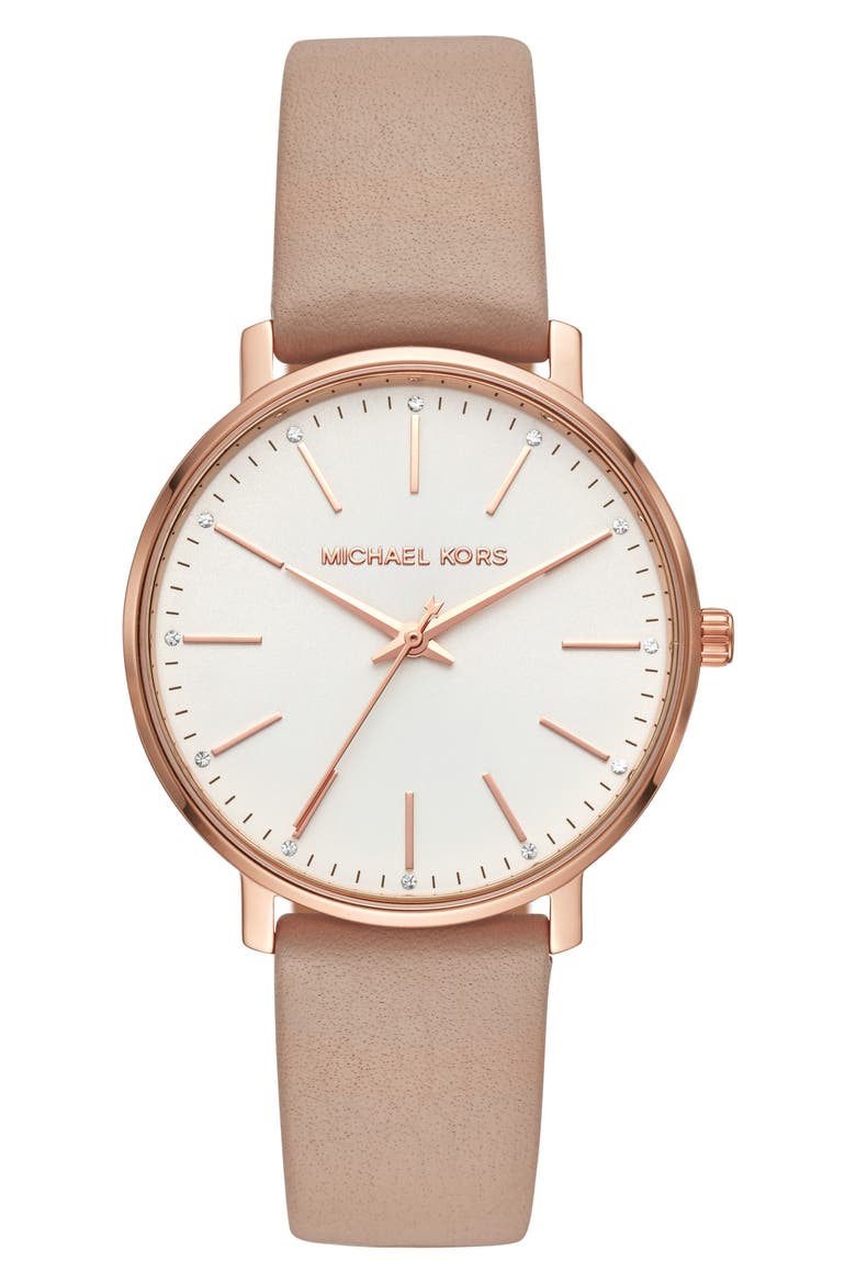 Pyper Leather Strap Watch, 38mm, Main, color, MOCHA/ WHITE/ ROSE GOLD