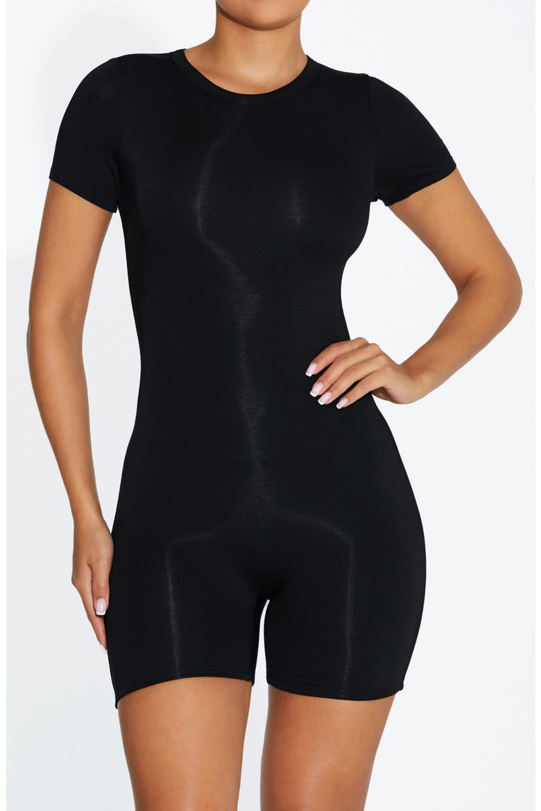 Crewneck Short Sleeve Romper, Alternate, color, BLACK