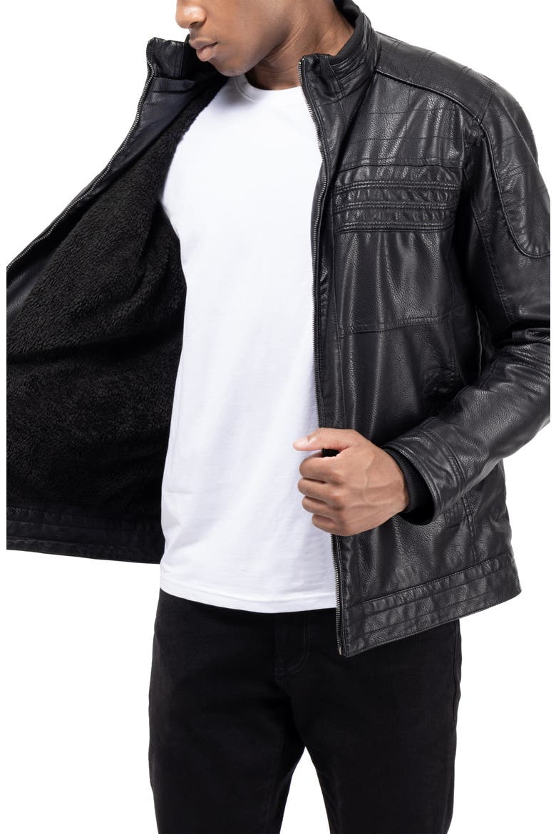 Faux Leather Hooded Moto Jacket with Faux Fur Lining, Alternate, color, BLACK