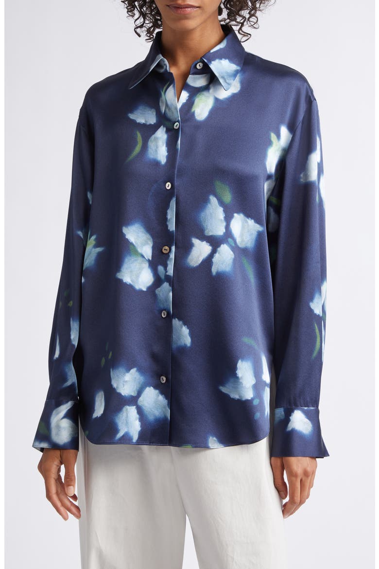 Petal Blur Floral Silk Button-Up Shirt, Main, color, DARK NAVY