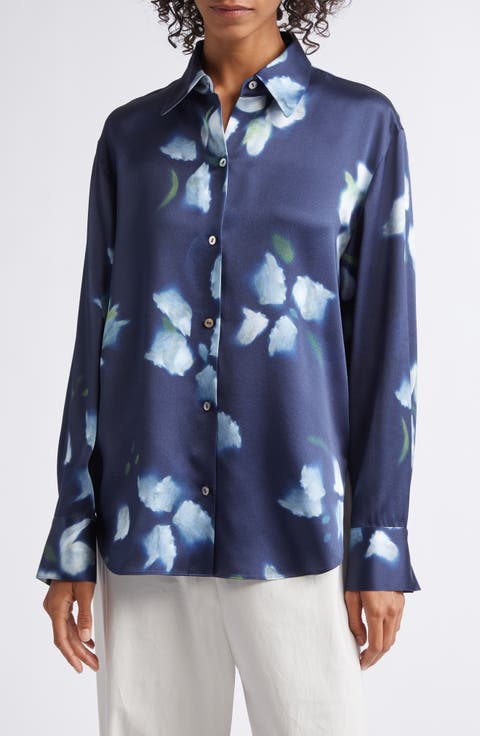 Petal Blur Floral Silk Button-Up Shirt