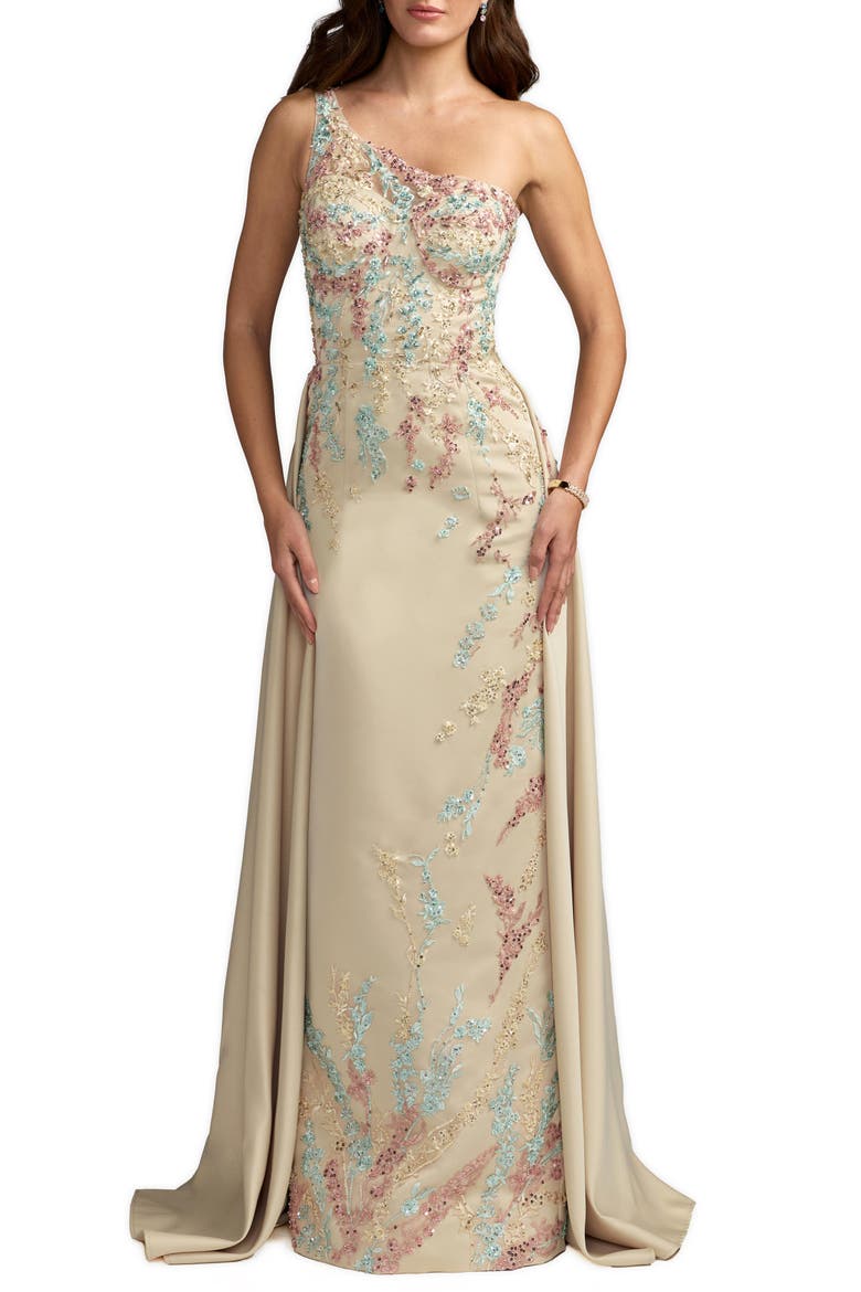 One Shoulder Embellished Satin Gown With Overskirt, Main, color, Champagne Multi