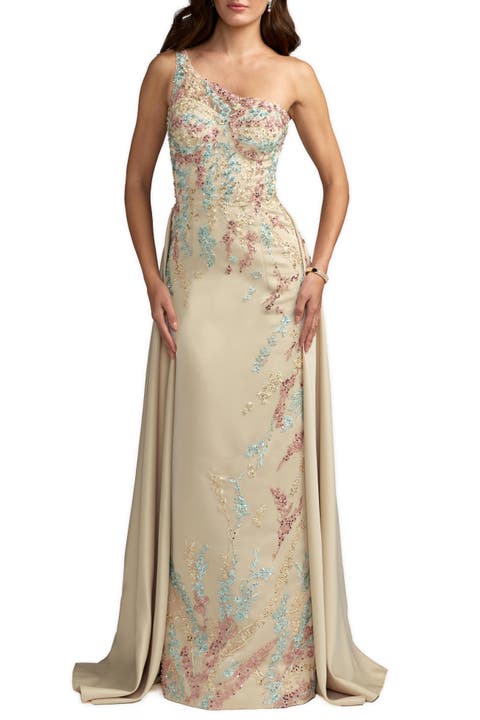 One Shoulder Embellished Satin Gown With Overskirt