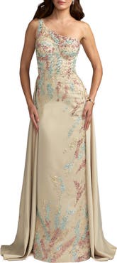 Mac Duggal One Shoulder Embellished Satin Gown With Overskirt