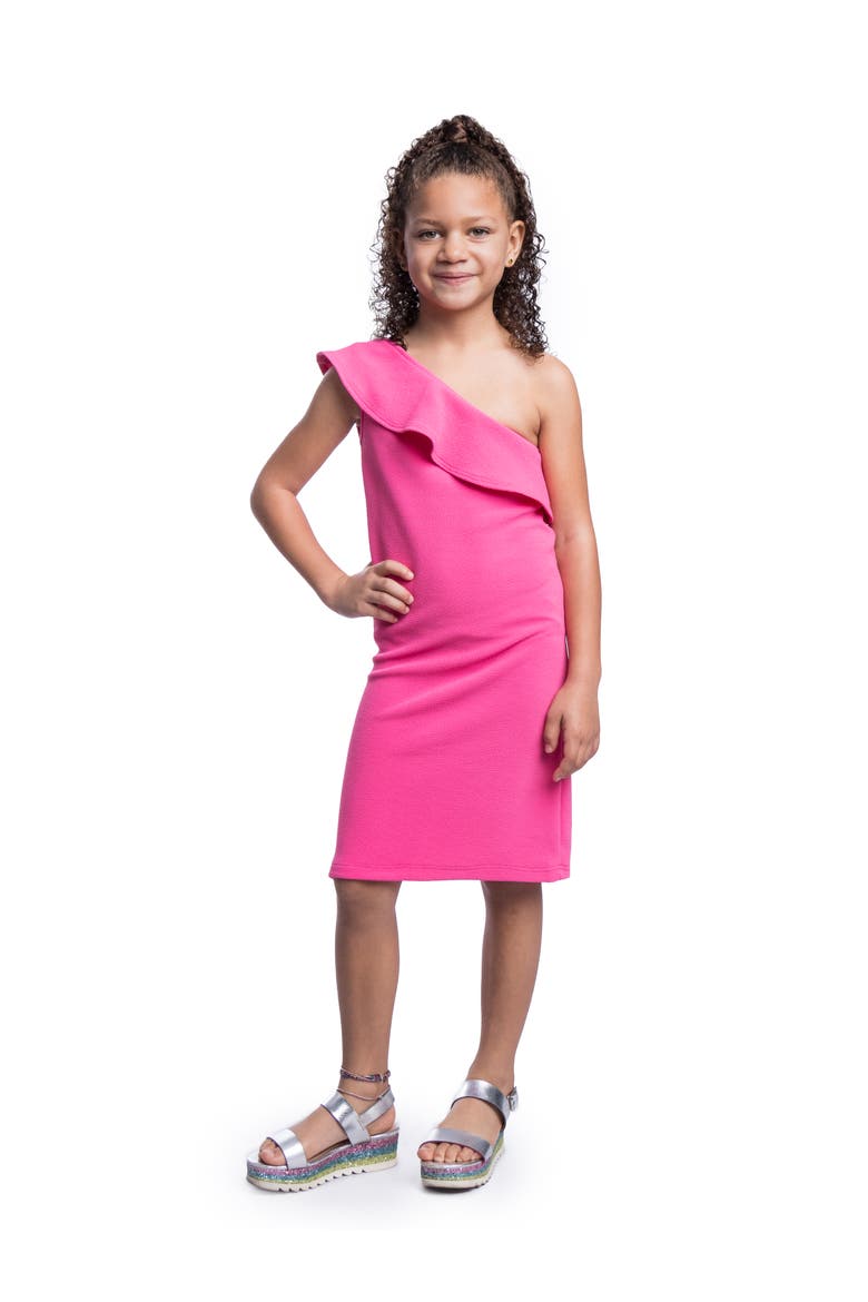 Solid Color One Shoulder Ruffle Knee Length Dress, Alternate, color, Pink