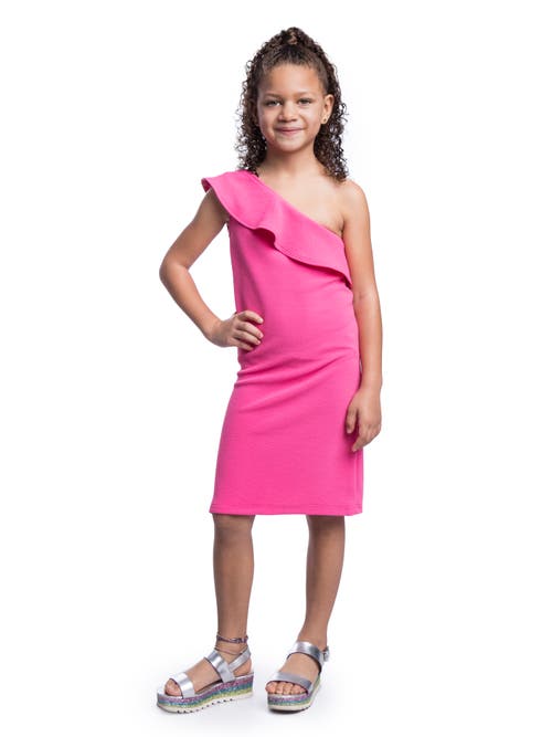 24sevenkid Solid Color One Shoulder Ruffle Knee Length Dress In Pink