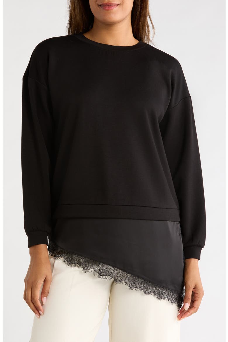 Lace Trim Layered Sweatshirt, Main, color, BLACK