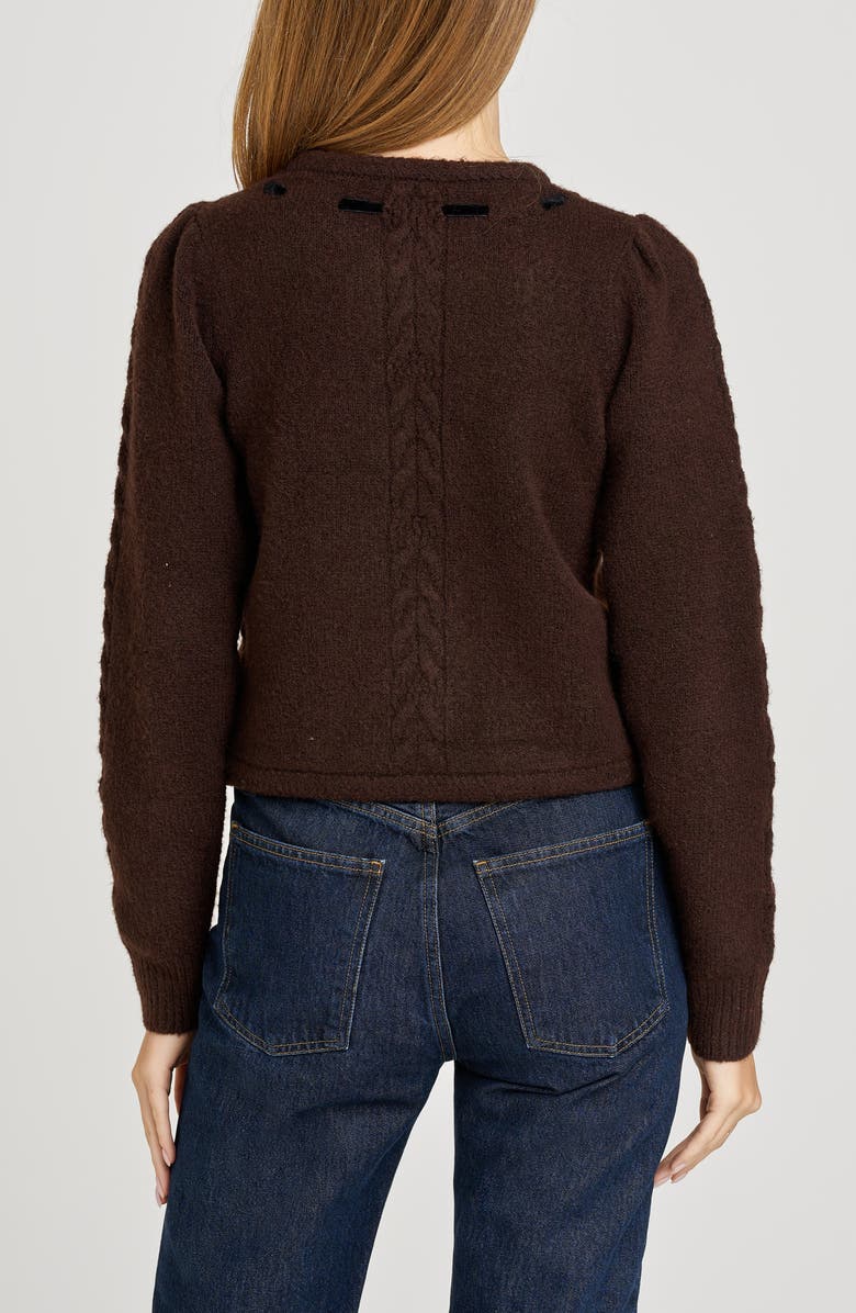 WAYF x Sara Walker Jackie Velvet Bow Cable Stitch Cardigan, Alternate, color, Espresso