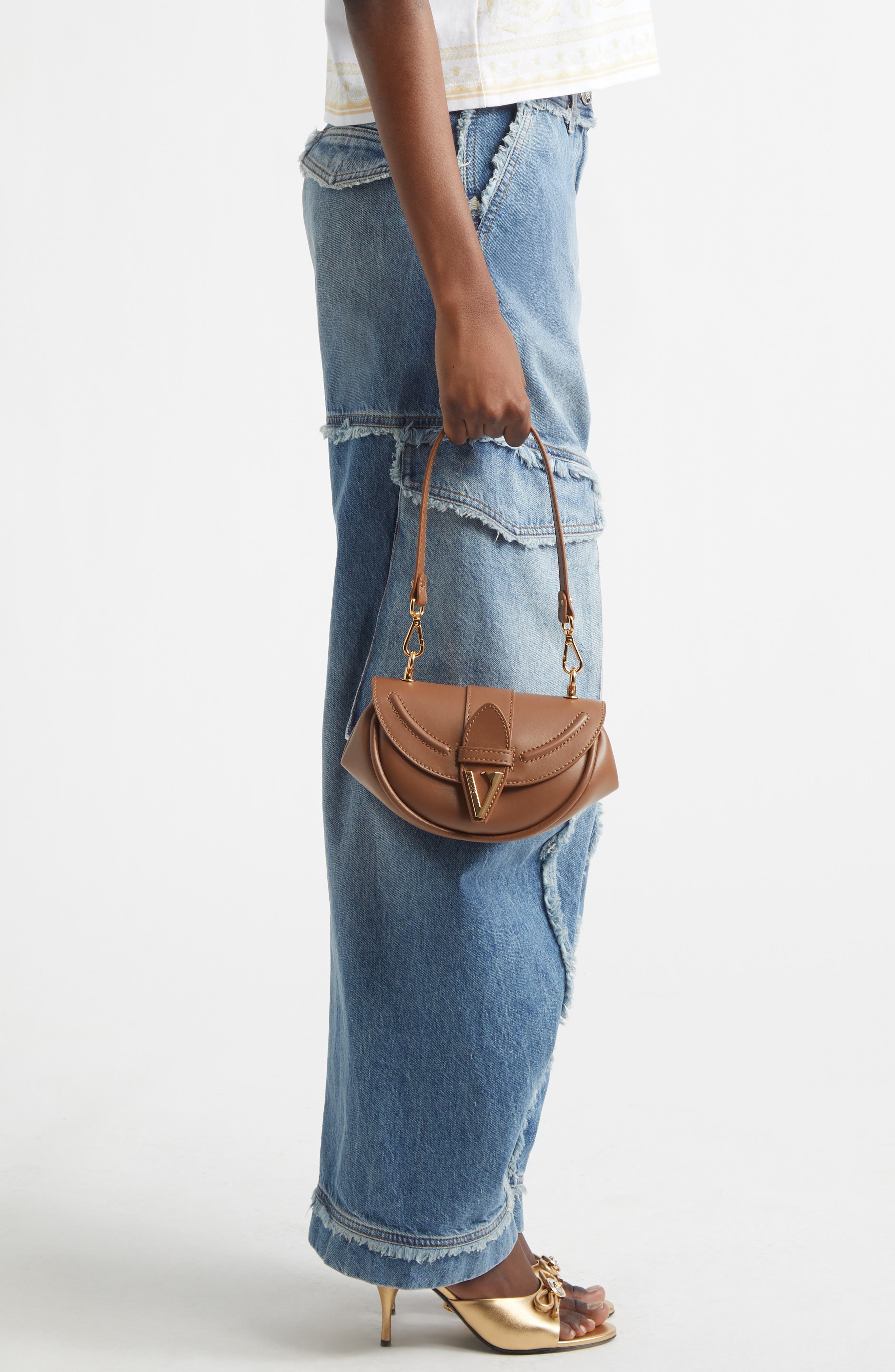 Versace Small Virtus Leather Shoulder Bag, Alternate, color, Brown-Gold Versace