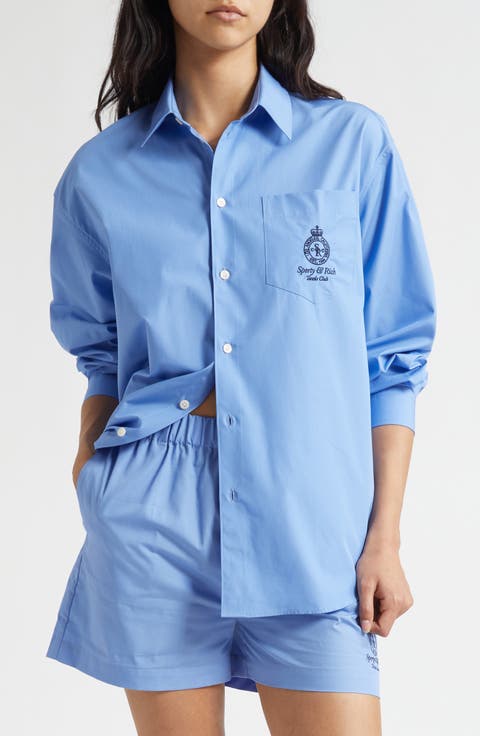 Crown Tennis Embroidered Oversize Poplin Button-Up Shirt