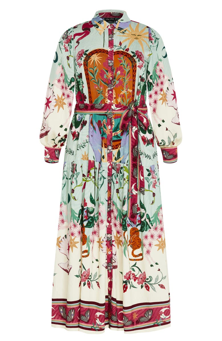 City Chic Ezra Mixed Print Long Sleeve Maxi Shirtdress, Alternate, color, 