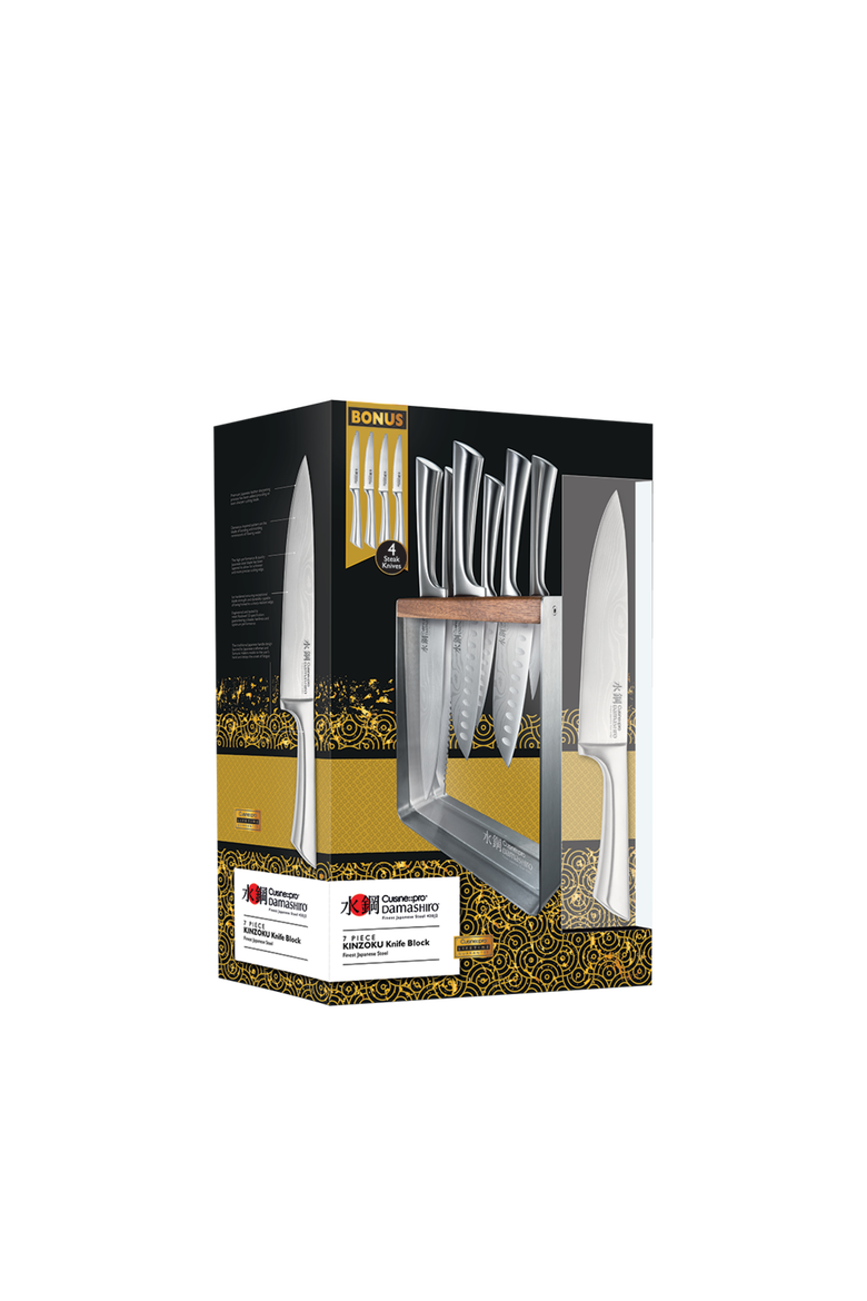 Damashiro® Kinzoku 7-Piece Knife Block + 4 Bonus Steak Knives, Alternate, color, Silver, Wood
