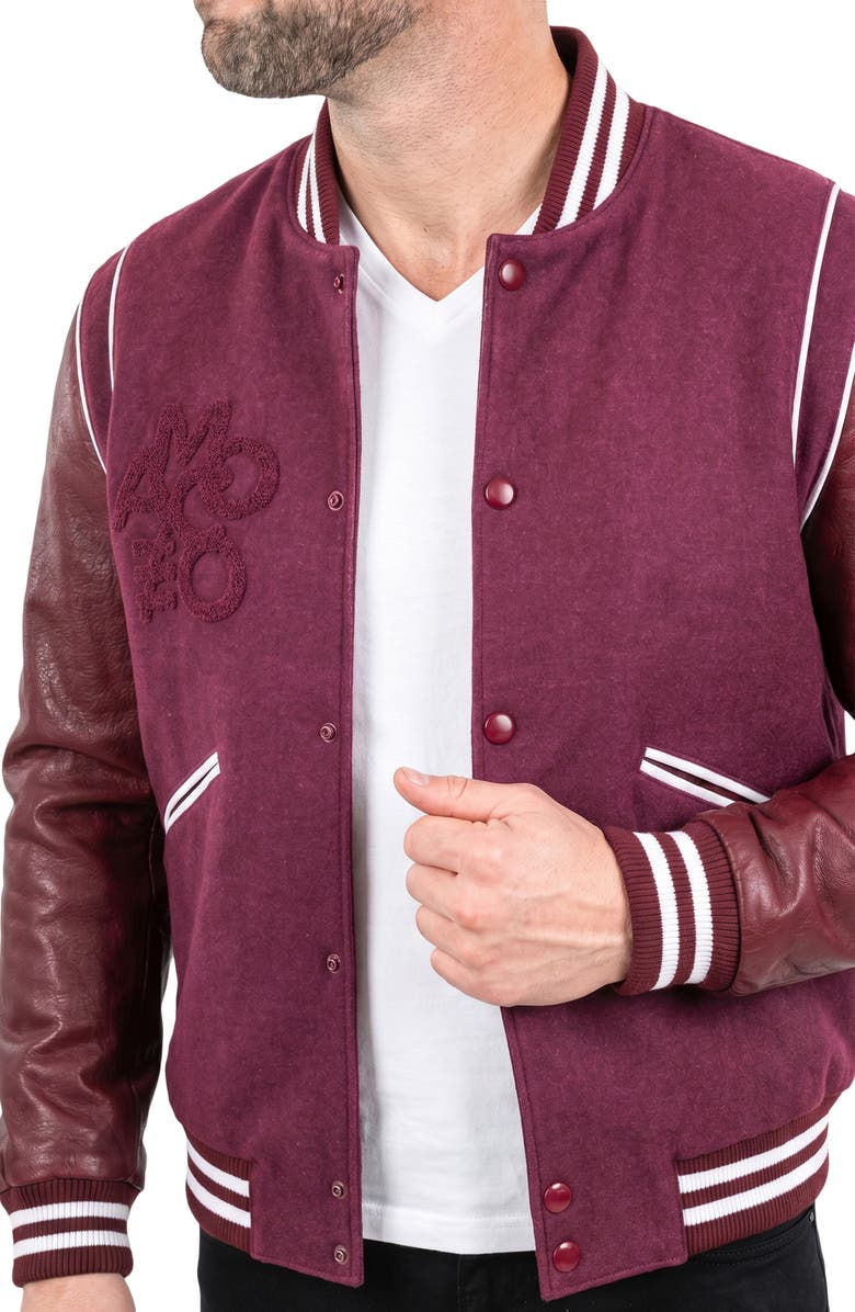 Maceoo Marthyr Leather Sleeve Varsity Jacket, Alternate, color, Red