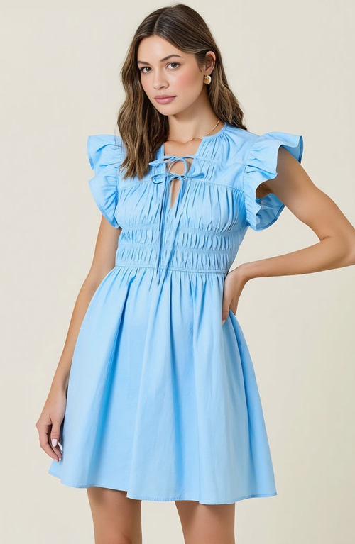 Modenaire Smocked Mini Dress With Ruffle Sleeves And Front Tie Detail