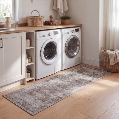 Arabella Vintage Floral Border Non-Slip Machine-Washable Dark Gray/Multi 4 ft. x 6 ft. Area Rug