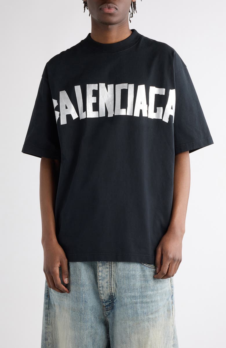 Balenciaga Distressed Tape Logo Cotton T-Shirt, Main, color, Faded Black/ Silver