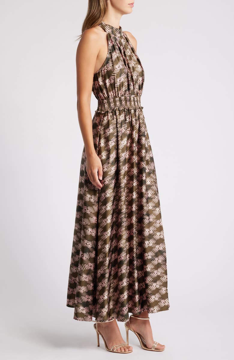MELLODAY Geo Print Smocked Waist Maxi Dress, Alternate, color, Dark Olive Geo