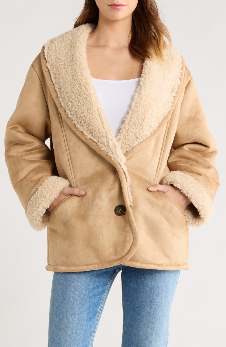 ASOS DESIGN Faux Shearling Shawl Collar Aviator Jacket, Alternate, color, Brown